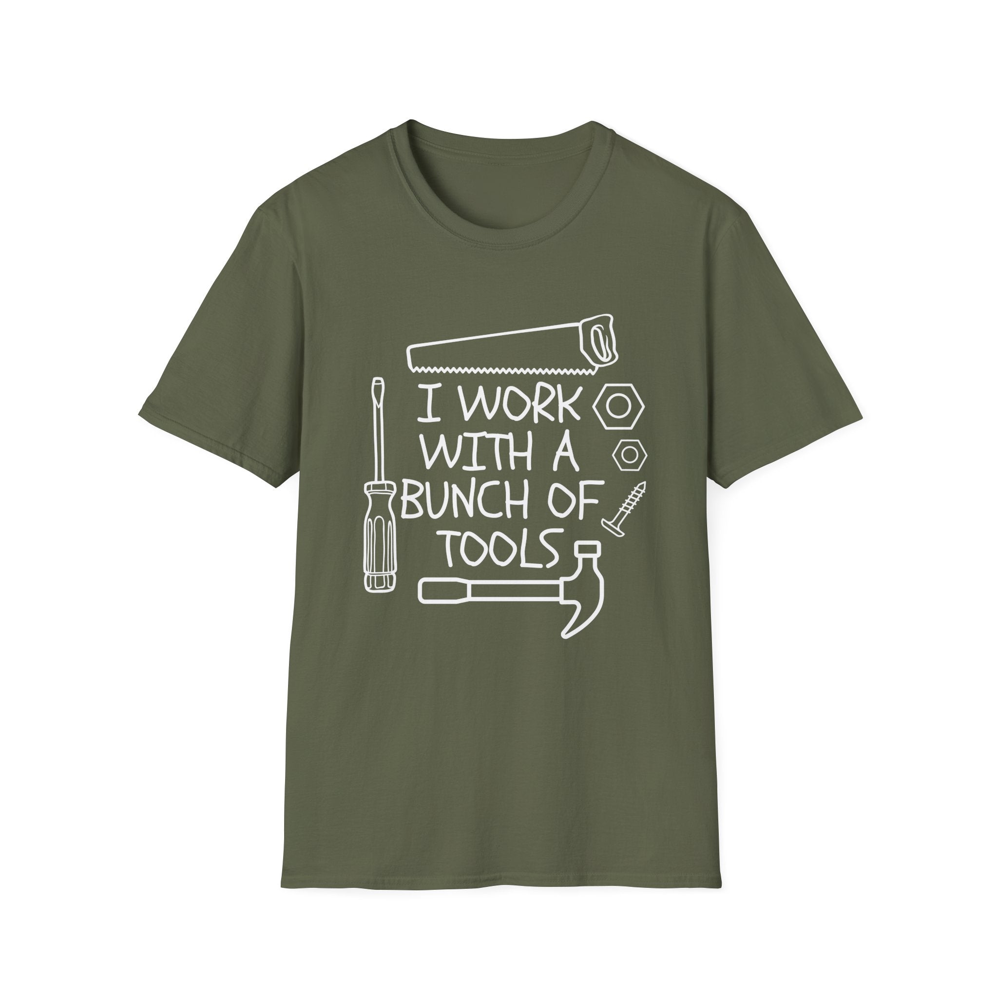 I work with Tools Softstyle T-Shirt, Casual Tee, Comfortable Top, Graphic Shirt, Everyday Wear, Gift for Him/Her/They