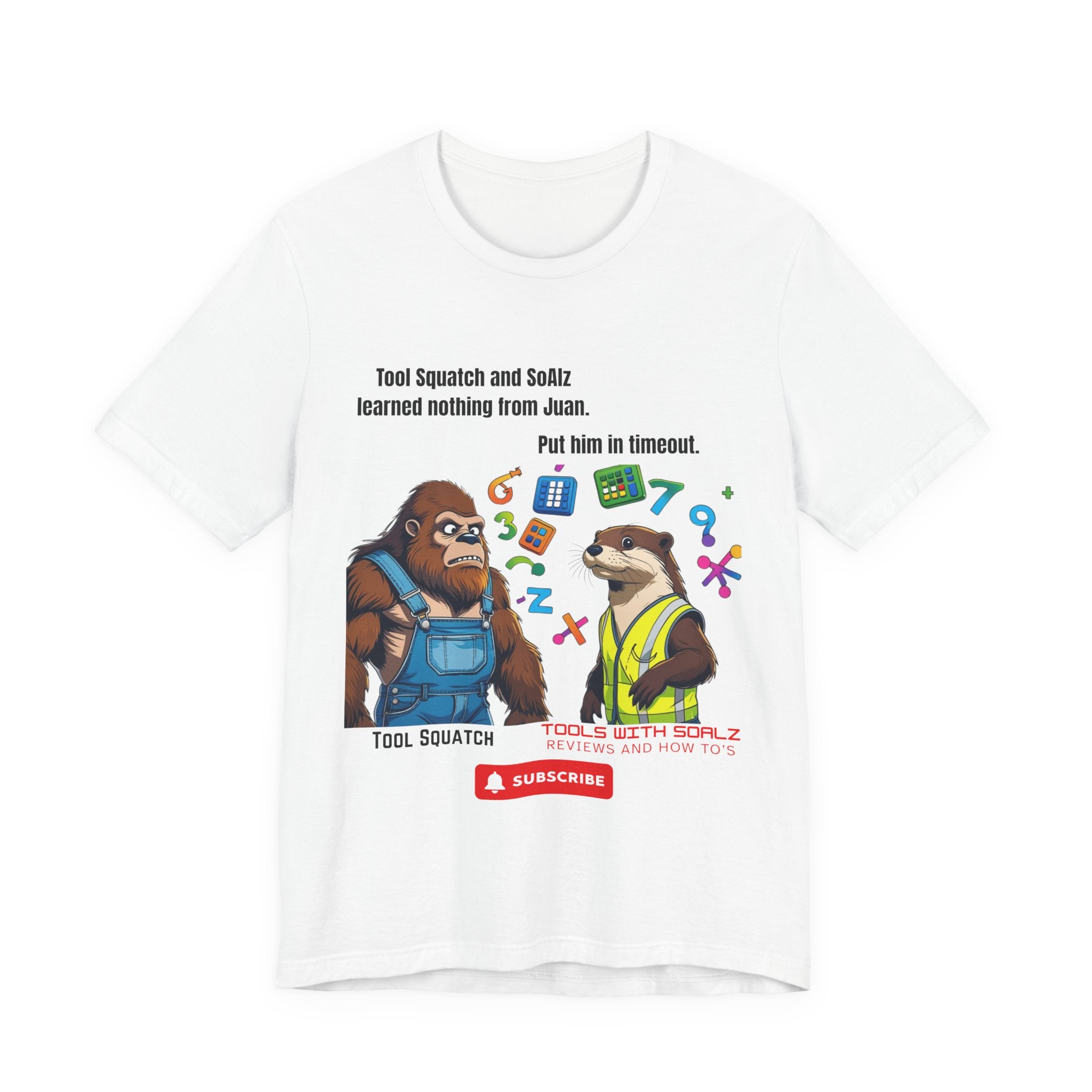 Learning with Juan, Tools with SoAlz, Tool Squatch, Tee for Tool Lovers, Funny T-Shirt, Gift for DIY Enthusiasts, Quirky Men’s Tee, Casual Everyday Wear
